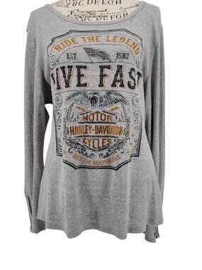 Harley Davidson 1XL Gray Rhinestone Studded Live Fast Long Zipper Sleeve Top